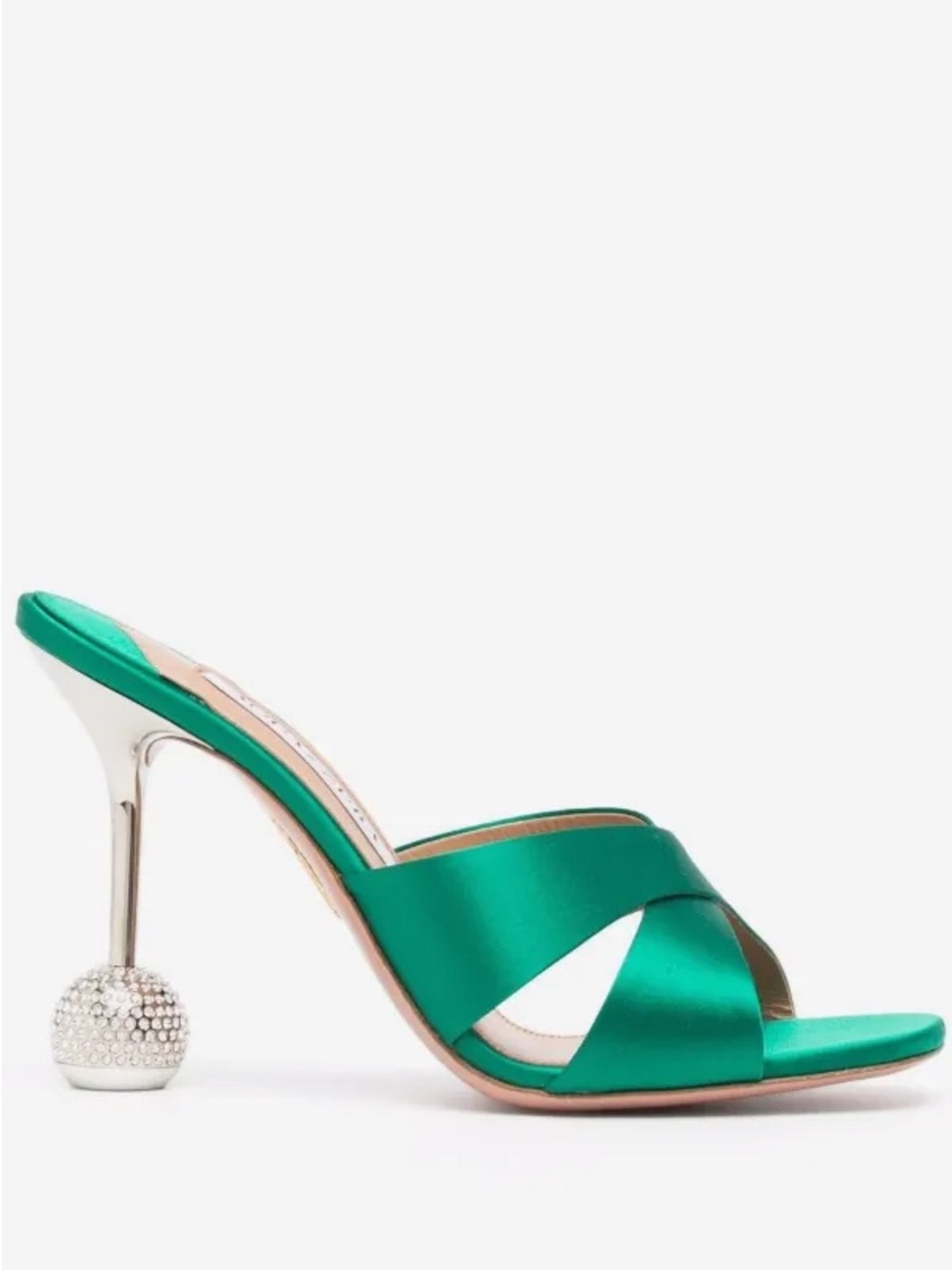 Aquazzura Yes Darling Embellished-heel Satin Mules In Emerald - Picture 2 of 6